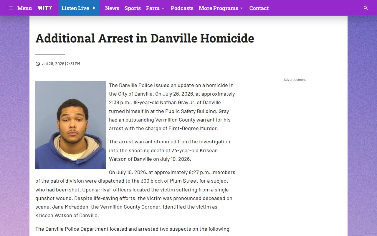 WITY Radio page with a selected Danville arrest report